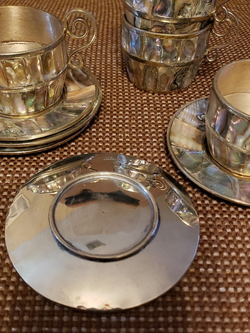 Vintage Abalone Alpaca Silver Demitasse Expresso Cups And Saucers - Picture 3 of 7